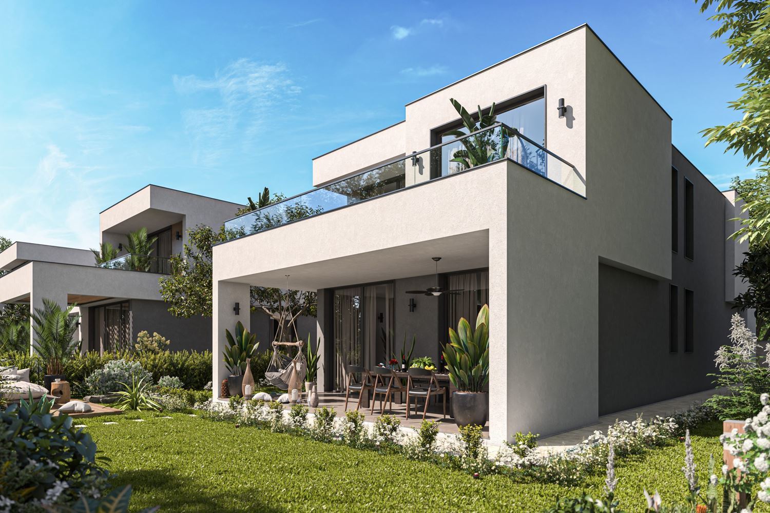 Exklusives zweistöckiges Haus mit drei Schlafzimmern und großzügigem Garten in einer luxuriösen, bewachten Wohnanlage zwischen Sarafovo und Pomorie